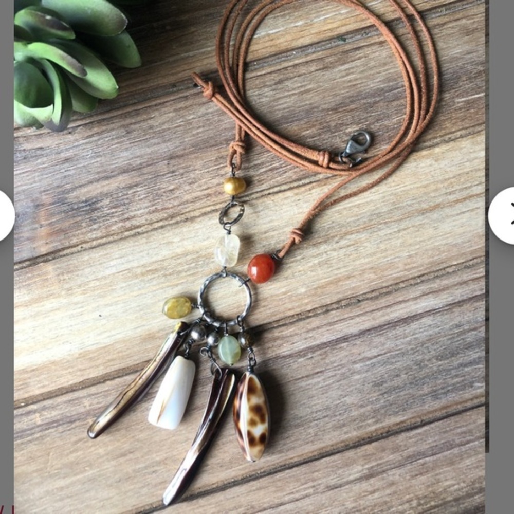 Silpada Leather Cord Citrine Carnelian Shell Multi Charm Pendant Necklace 925.